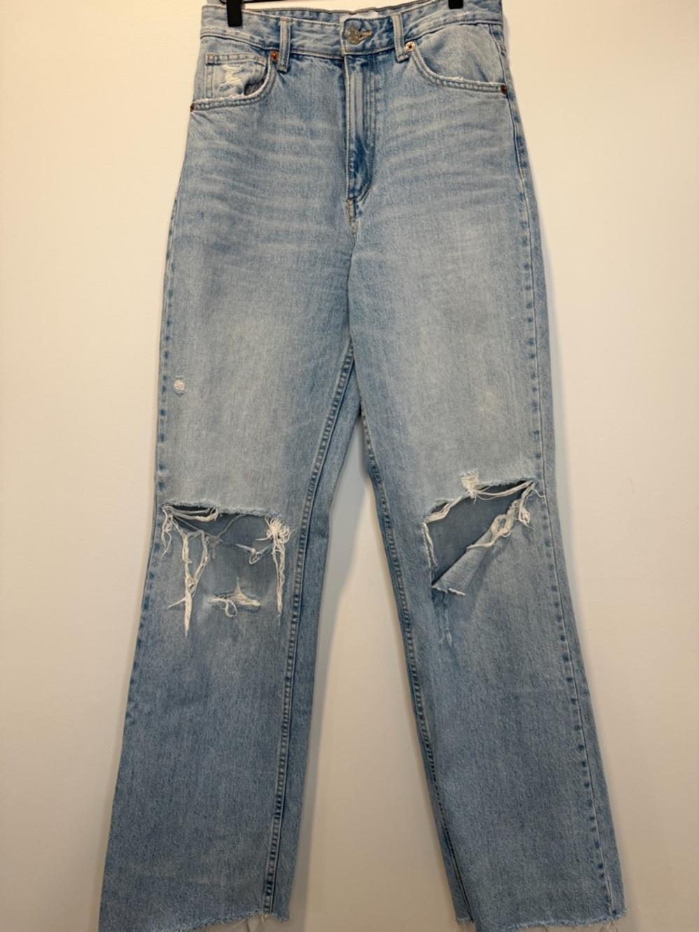 Zara Light Blue High-Rise Distressed Straight-Leg Jeans